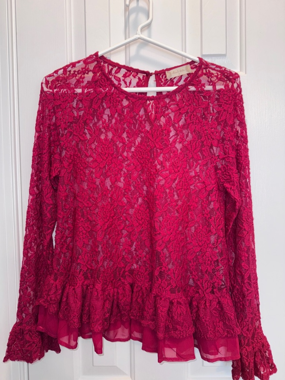 Altar'd State Fuchsia Lace Long-Sleeve Ruffle Hem Blouse